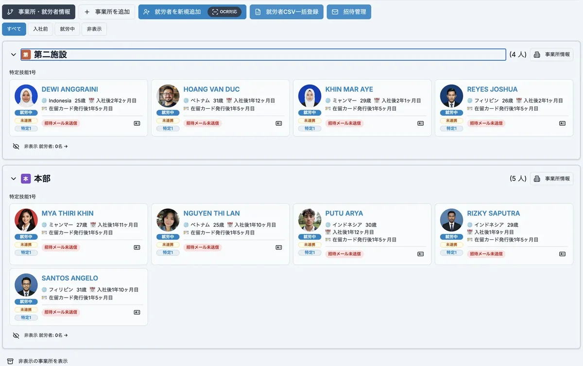 登録支援機関の業務管理に用いるJPNAVIの人材管理画面。就労者の情報を一覧で確認。