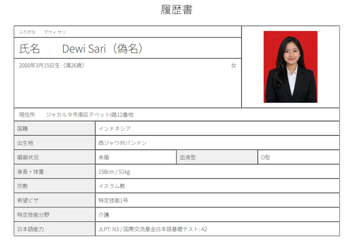 候補者情報から日本式履歴書を作成する、JPNAVIの履歴書自動生成画面。